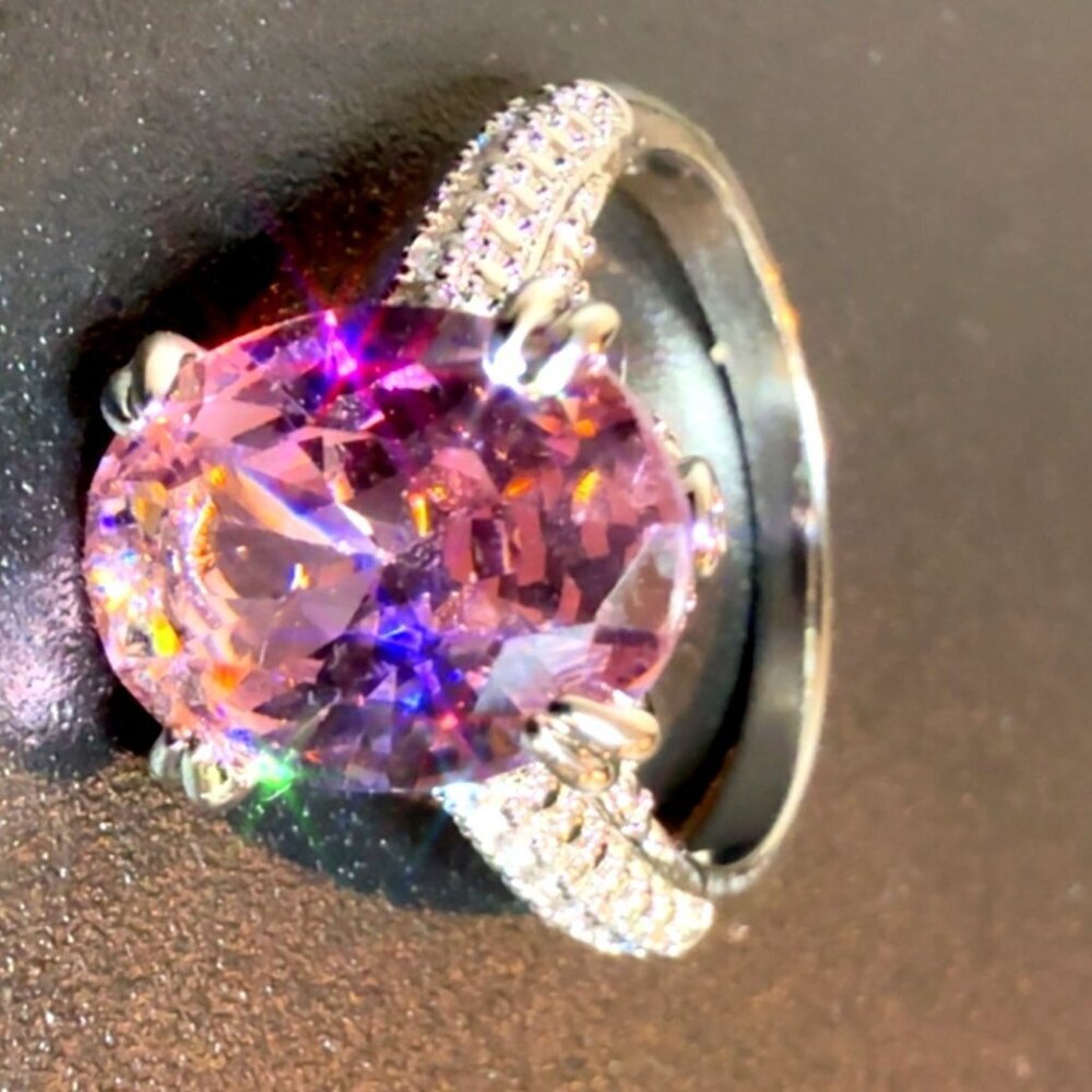 Stunning Sterling Silver Ring With Large Pink Oval Cubic Zirconia & Pave Band - Picture 8 of 8
